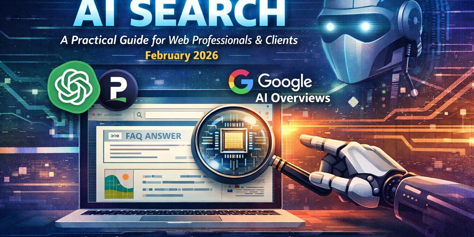 Illustration showing AI search platforms like ChatGPT and Google AI Overviews analyzing a website for SEO optimization in 2026.