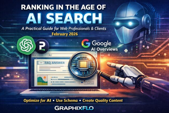 Ranking-in-the-Age-of-AI-Search-–-Graphixflo-2026-Report Illustration showing AI search platforms like ChatGPT and Google AI Overviews analyzing a website for SEO optimization in 2026.