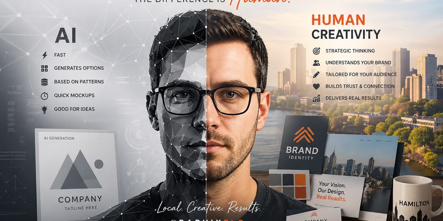 AI vs human graphic designer comparison showing why professional graphic design in Hamilton delivers better branding and results