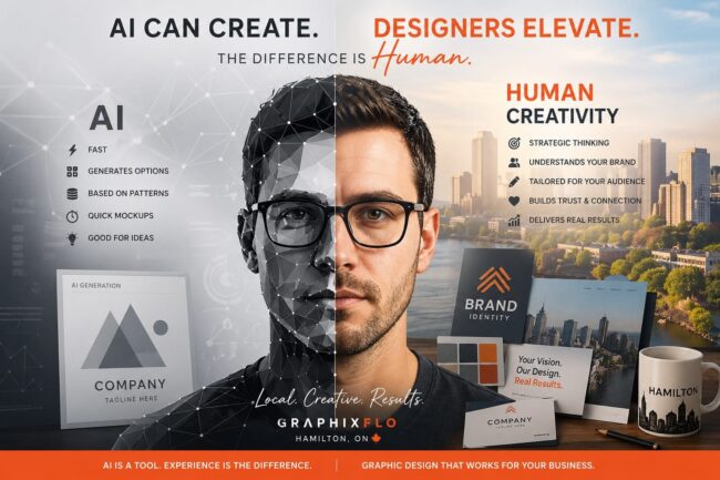 AI vs human graphic designer comparison showing why professional graphic design in Hamilton delivers better branding and results