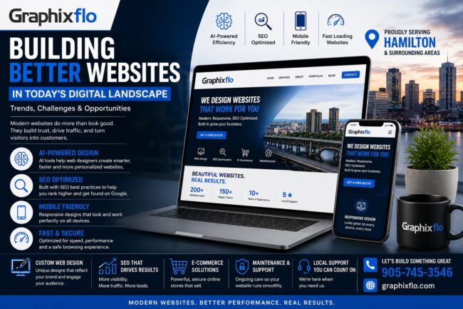 Building Better Websites in Today’s Digital Landscape Modern website development showcasing AI, SEO, responsive design and web design trends in Hamilton Ontario