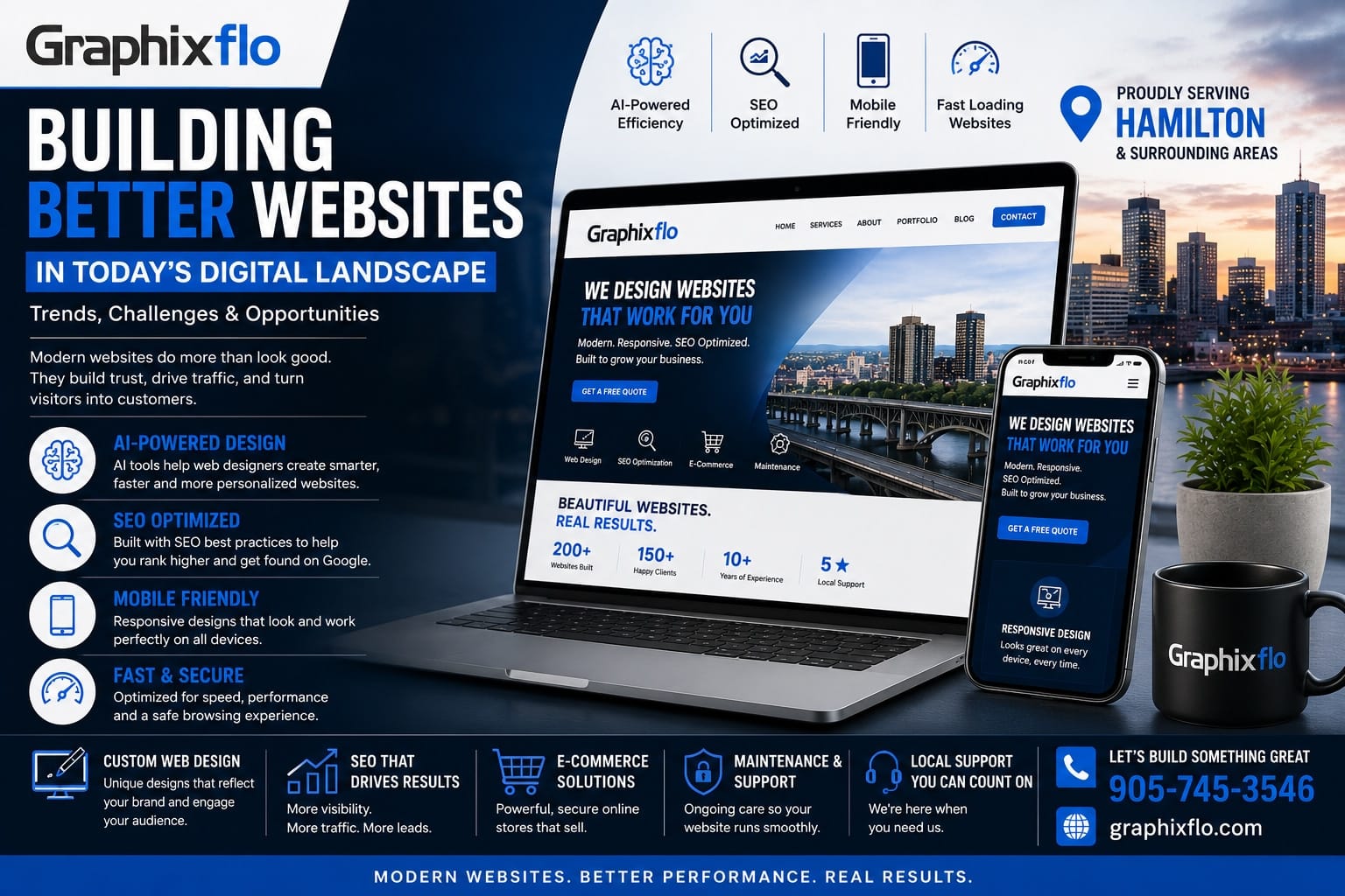 Modern website development showcasing AI, SEO, responsive design and web design trends in Hamilton Ontario