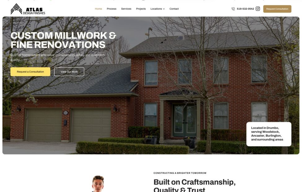 Custom website design created by GraphixFlo for Atlas Design Finishes featuring custom millwork, fine renovations, responsive web design and local SEO.