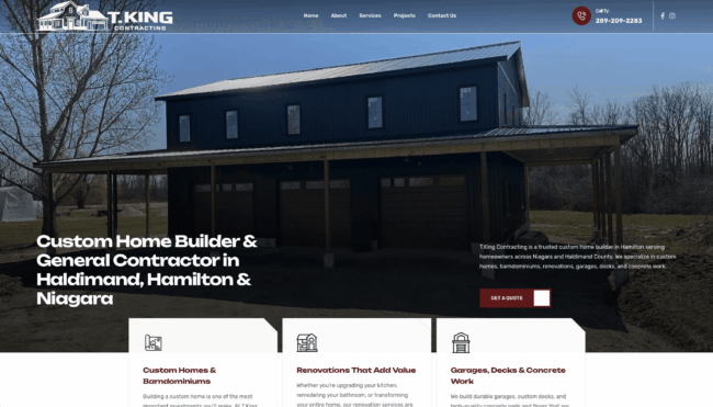 Custom WordPress website designed by GraphixFlo for T.King Contracting featuring custom home building, renovations, garages and local SEO.