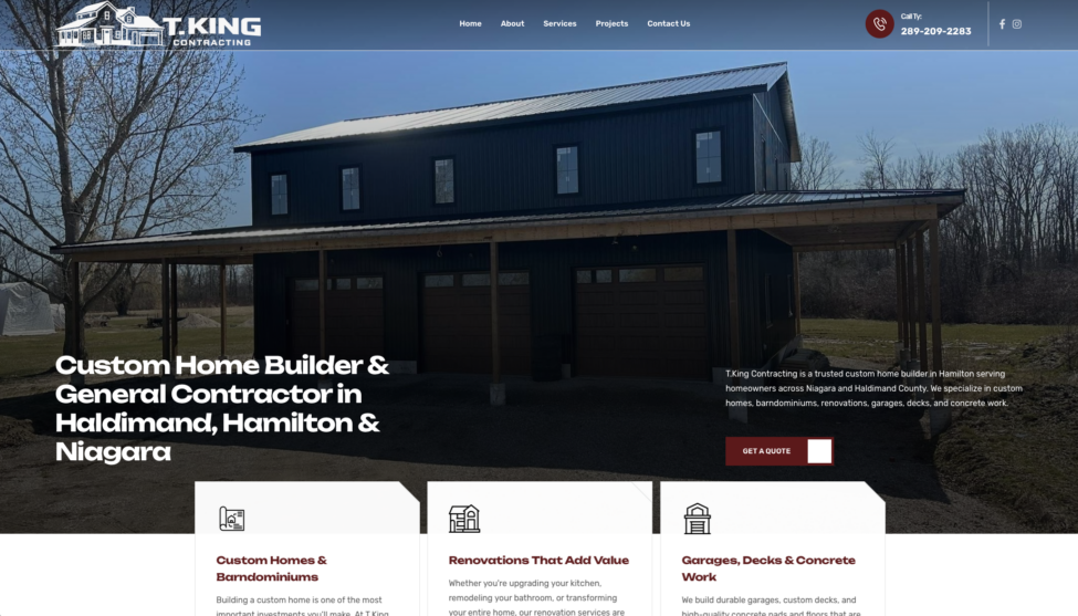 Logo Design & Branding 25 Custom WordPress website designed by GraphixFlo for T.King Contracting featuring custom home building, renovations, garages and local SEO.