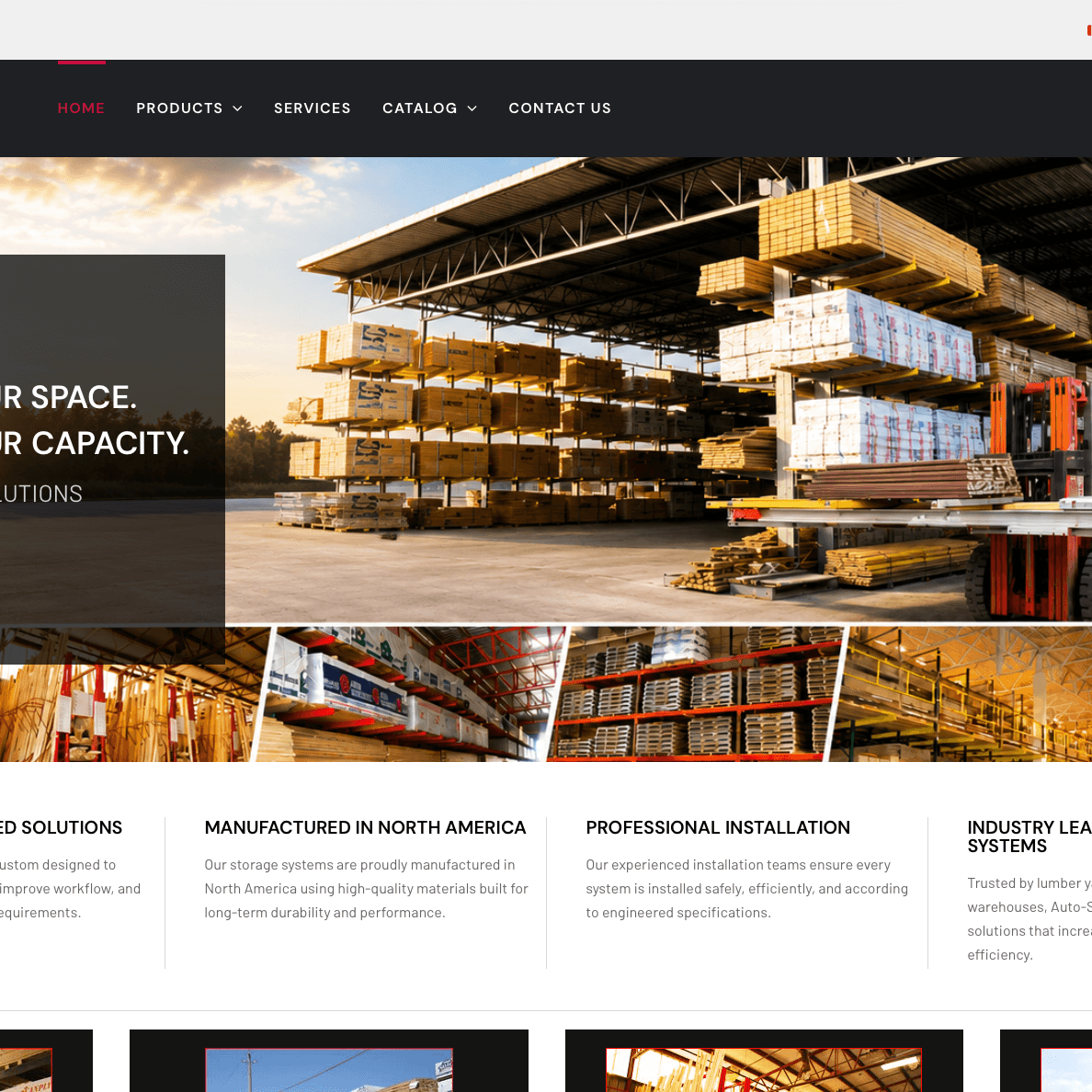Custom WordPress website designed by GraphixFlo for Auto-Stak Systems featuring industrial storage solutions, warehouse racking systems and bilingual web design.