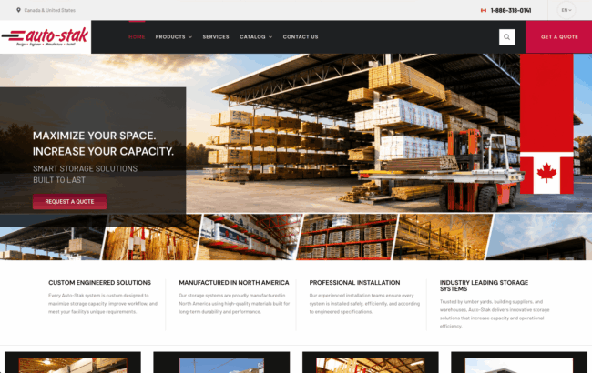 Custom WordPress website designed by GraphixFlo for Auto-Stak Systems featuring industrial storage solutions, warehouse racking systems and bilingual web design.