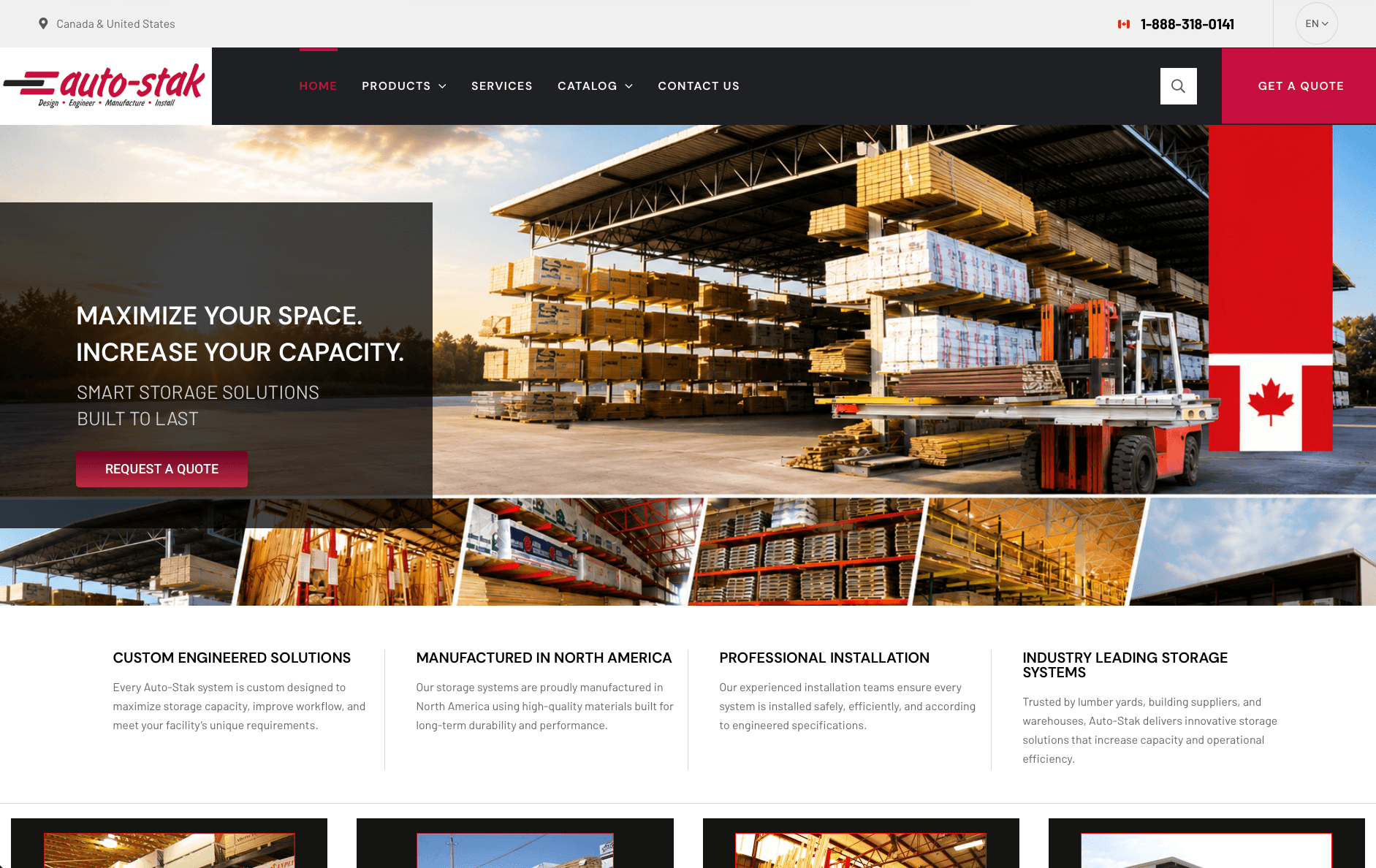 Custom WordPress website designed by GraphixFlo for Auto-Stak Systems featuring industrial storage solutions, warehouse racking systems and bilingual web design.