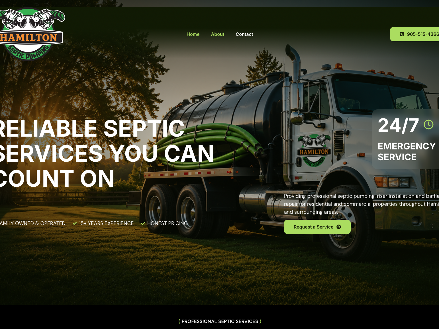 Custom WordPress website designed by GraphixFlo for Hamilton Septic Pumping featuring septic pumping services, emergency septic repairs and local SEO.
