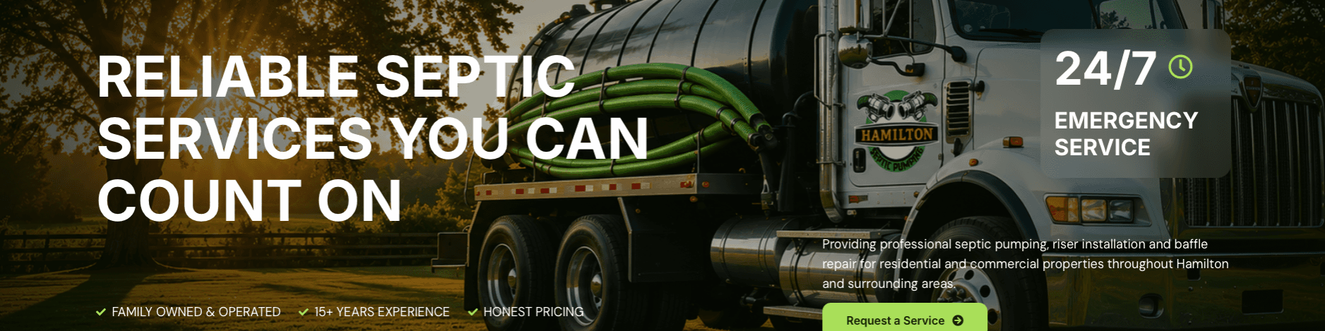 Custom WordPress website designed by GraphixFlo for Hamilton Septic Pumping featuring septic pumping services, emergency septic repairs and local SEO.