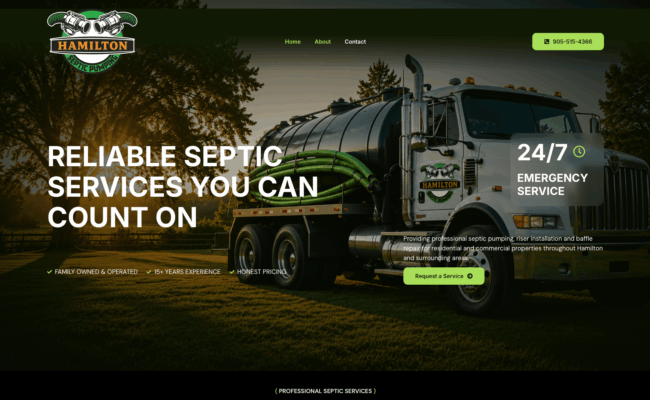 Custom WordPress website designed by GraphixFlo for Hamilton Septic Pumping featuring septic pumping services, emergency septic repairs and local SEO.
