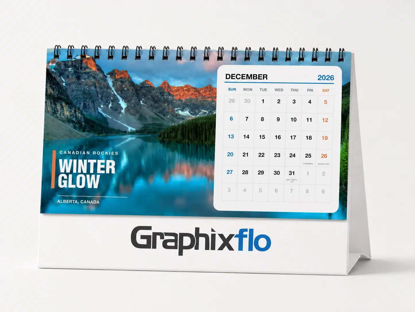 Single-Sided Desktop Calendar Printing Single-sided custom desktop calendar with branded GraphixFlo base