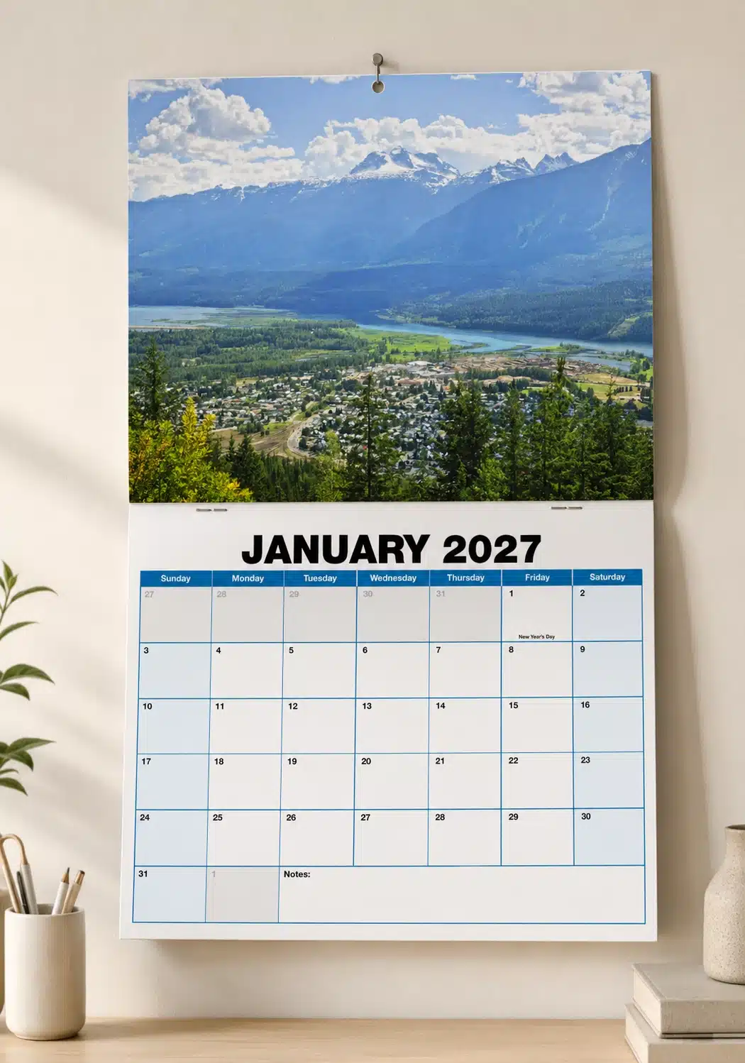 Custom Wall Calendar Printing Hamilton Open custom 2027 wall calendar with scenic image and monthly calendar grid